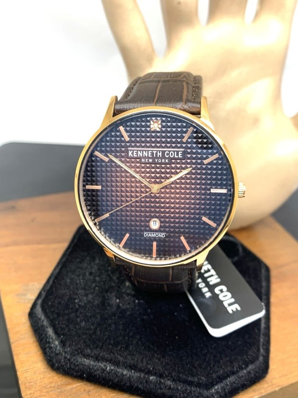Kenneth Cole Men's Watch Brown Dial Rose Gold Tone Case Leather Strap 42mm